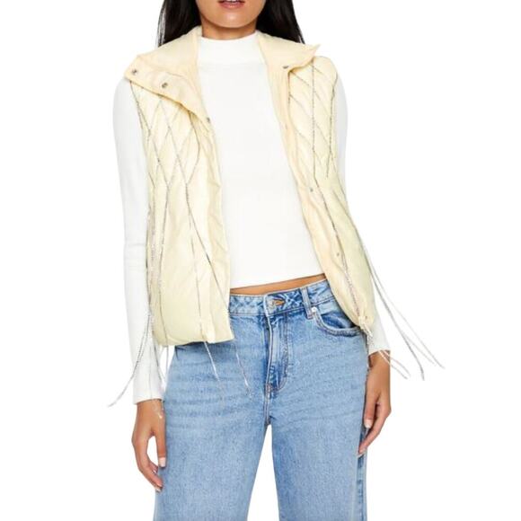 Forever 21 Embellished Puffer Vest – Cream Egret – Rhinestone Trim – Size Small - Picture 2 of 8